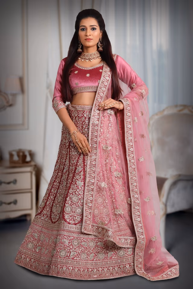 Pink  jarkan stone golden thread work velvet lehenga — back view, rent in Coimbatore