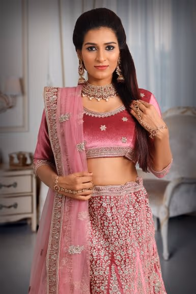 Pink  jarkan stone golden thread work velvet lehenga — rent in Coimbatore