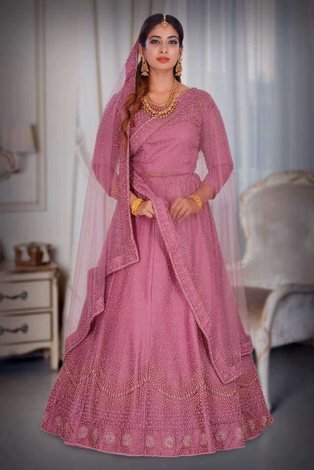 Pink Purple Lehenga — back view, rent in Calicut