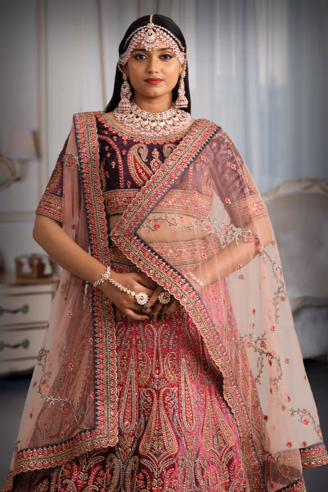 Pink & purple embroidery jarkan work lehenga — rent in Coimbatore
