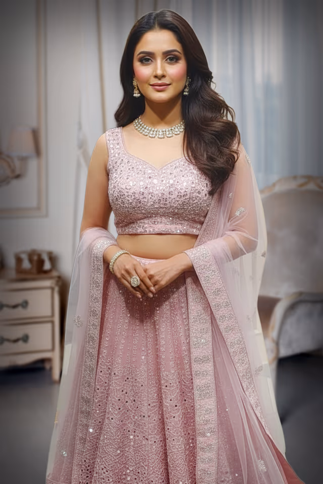 Pink Lehenga , surface embellished with Thread Works and Mirror Works,Along with Worked Dhuppatta — rent in Coimbatore