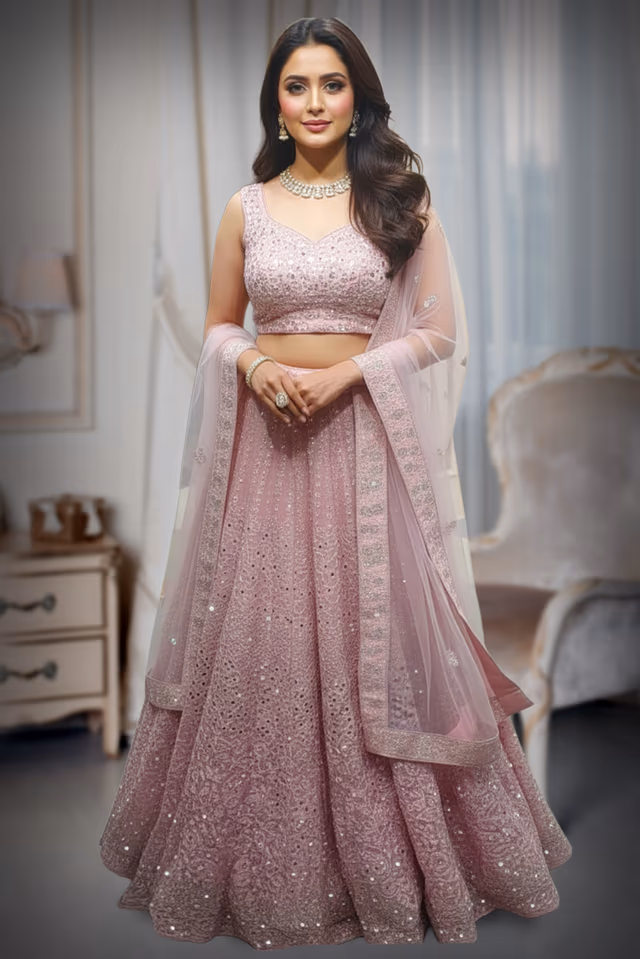 Pink Lehenga , surface embellished with Thread Works and Mirror Works,Along with Worked… — back view, rent in Coimbatore