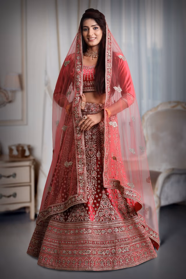 pink velvet jarkan work lehenga — back view, rent in Calicut