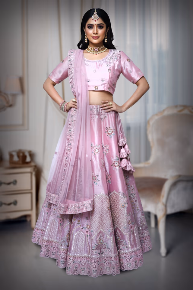 Pinkish lehenga in chiffon fabric — back view, rent in Bangalore