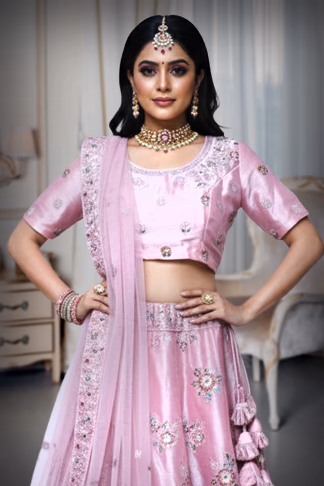 Pinkish lehenga in chiffon fabric — rent in Bangalore