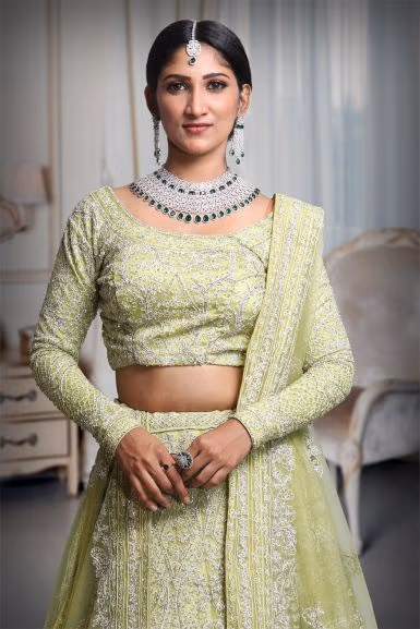 Pista green heavy thread work and jarkan stone work lehenga — rent in Coimbatore