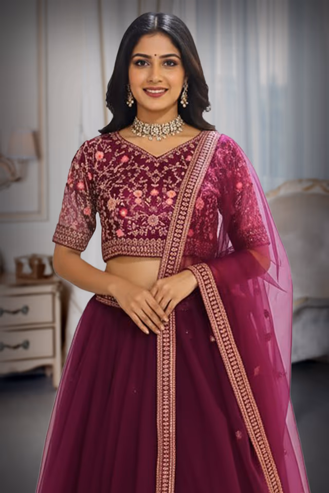 Plum Purple Pre Wedding Gown With Heavy Embroidered Crop Top, Minimal Skirt And Same Color Dupatta — rent in Calicut