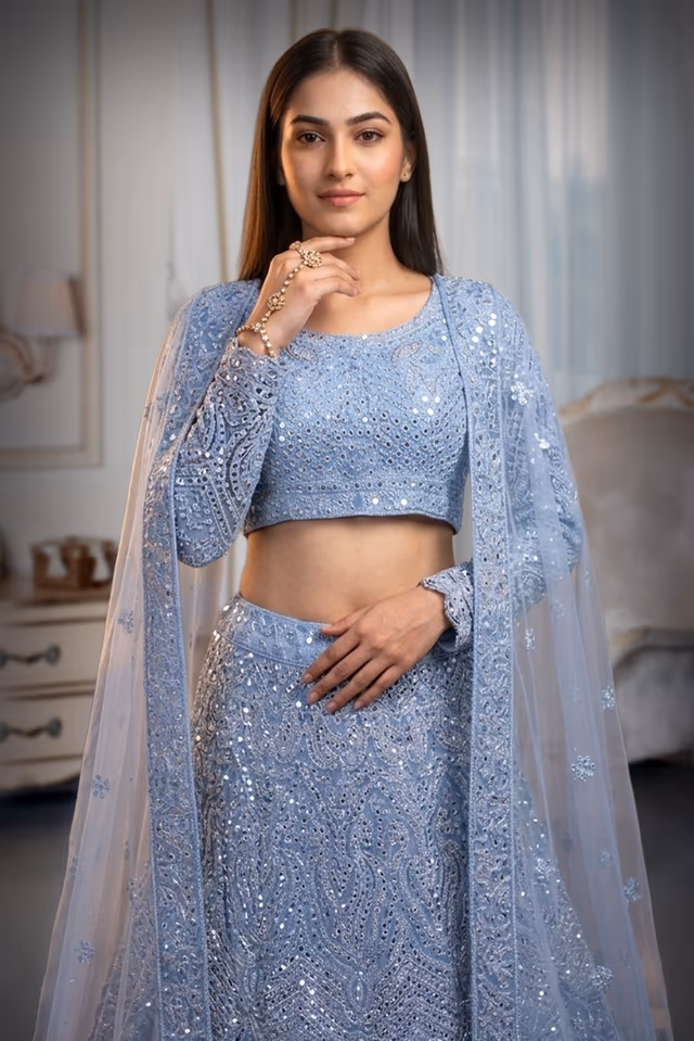 Powder Blue Net Lehenga With Threadwork And Mirror Work Details — rent in Bangalore