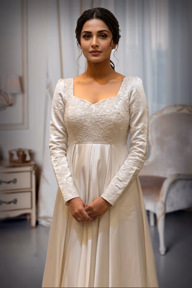 Pristine Off White Satin  A-Line Gown with Intricate Bodice Embroidery — rent in Kochi