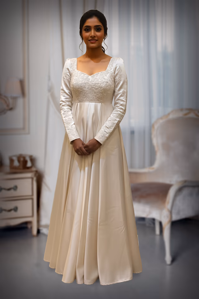 Pristine Off White Satin  A-Line Gown with Intricate Bodice Embroidery — back view, rent in Kochi