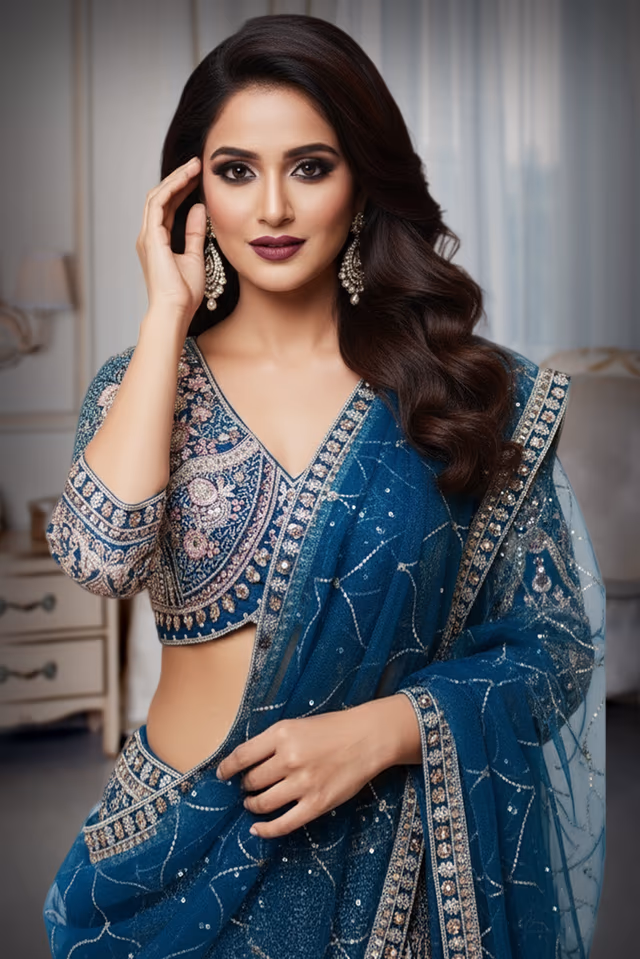 Prussian blue stoned worked lehenga with cold sleeves — rent in Bangalore