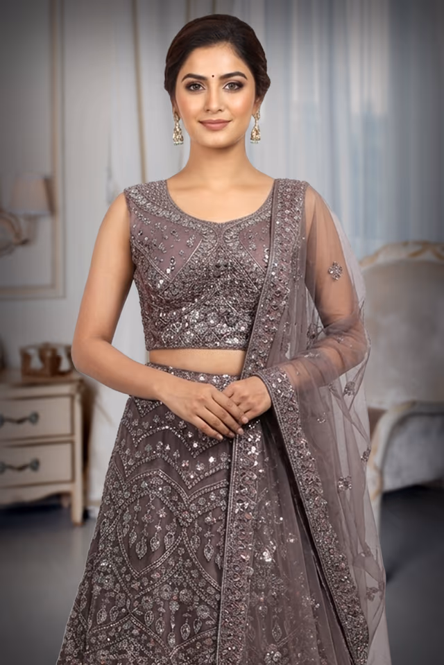Purple Net Lehenga With Intricate Stone Work And Threadwork Details — rent in Coimbatore