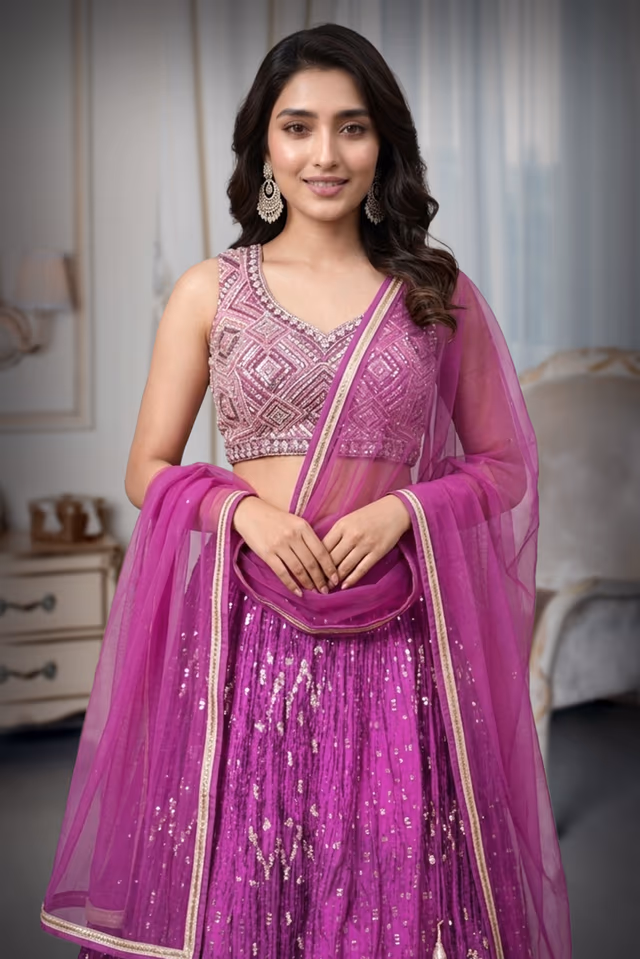 Purple Sequin-Worked Lehenga with Dual-Panel Design, Stylish Blouse, and Cut-Work Belt — rent in Bangalore