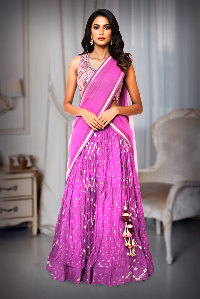 Purple Sequin-Worked Lehenga with Dual-Panel Design, Stylish Blouse, and Cut-Work Belt — back view, rent in Bangalore