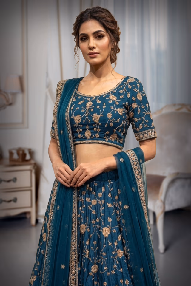 Pursian blue designer lehenga with surface embellished skirt and tops — rent in Coimbatore