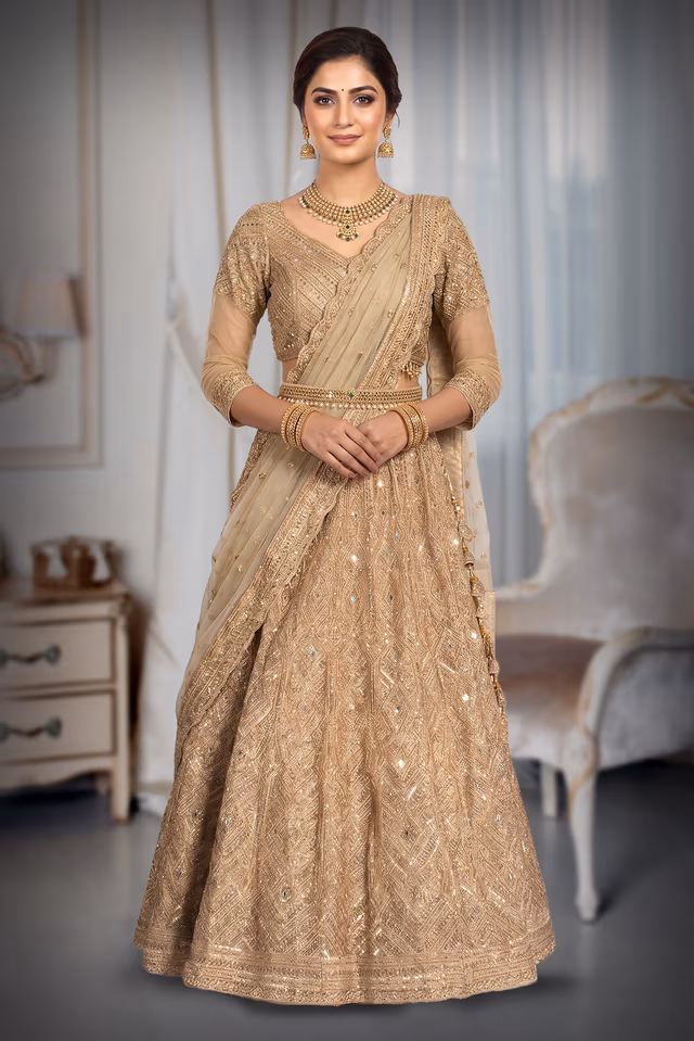 A Radiant Gold Lehenga With Detailed Mirrorwork And Zari, Paired With A Soft Net Dupatta For… — back view, rent in Bangalore