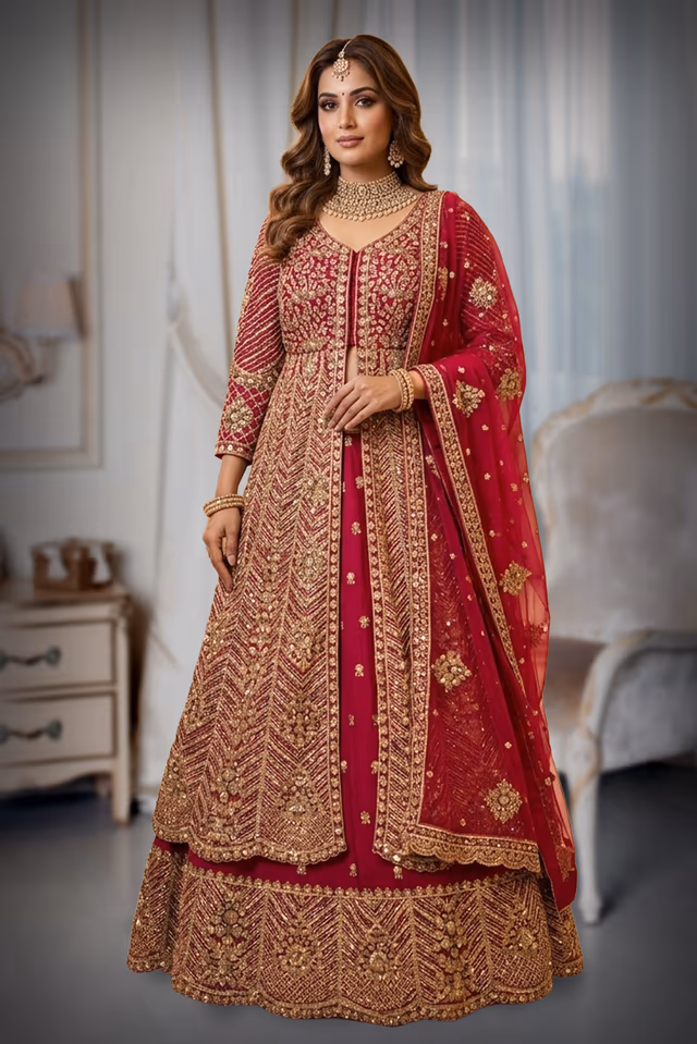 Rani Pink Anarkali Features Intricate Sequin Embellishments Detailed Embroidery And A Matching… — back view, rent in Calicut