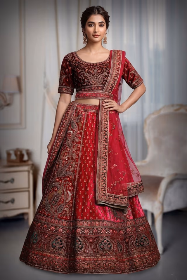 Rani Pink Colour Heavy Embroidery Jarkan Work  Velvet Lehenga — back view, rent in Coimbatore