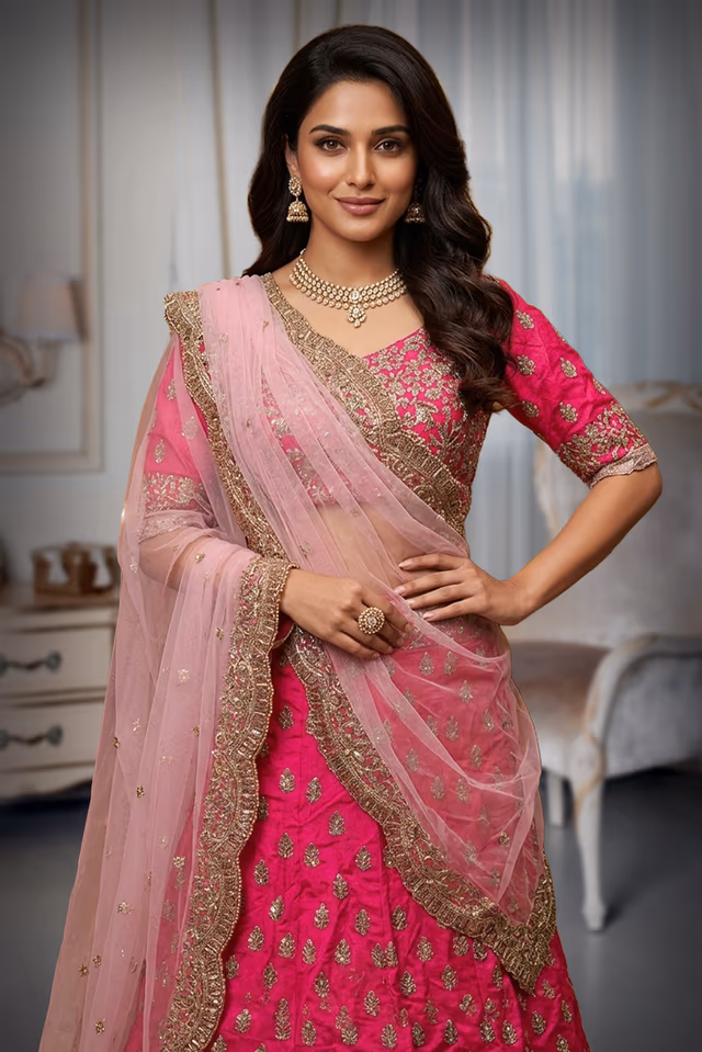Rani pink Crepe Lehenga With Golden Threadwork Detailing With  Blouse And Baby Pink Colour Dupatta — rent in Bangalore
