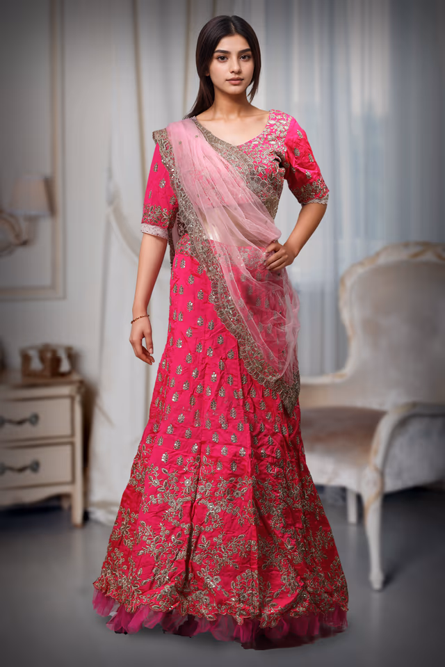Rani pink Crepe Lehenga With Golden Threadwork Detailing With  Blouse And Baby Pink Colour… — back view, rent in Bangalore