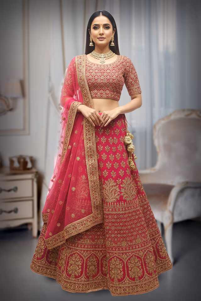 Rani Pink  golden Embroided  Velvette Lehenga  with soft pink Dhuppatta — back view, rent in Coimbatore