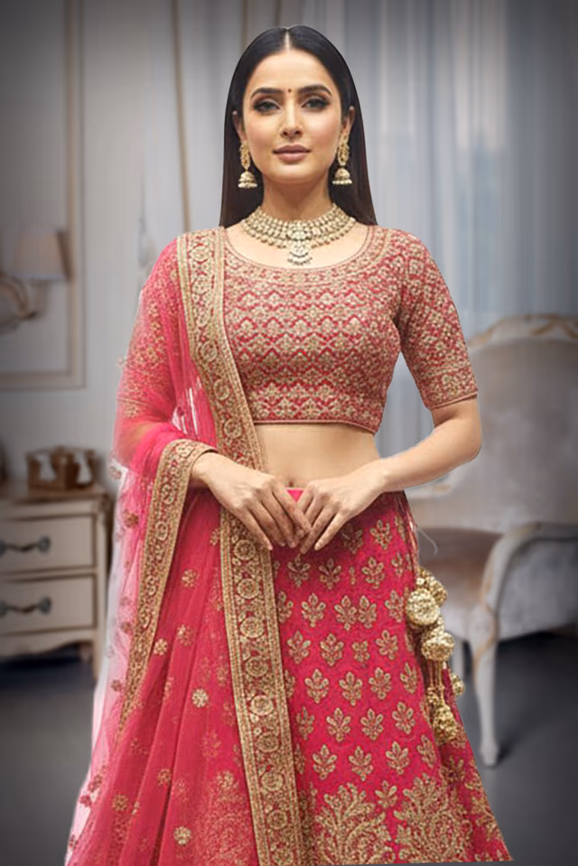 Rani Pink  golden Embroided  Velvette Lehenga  with soft pink Dhuppatta — rent in Coimbatore
