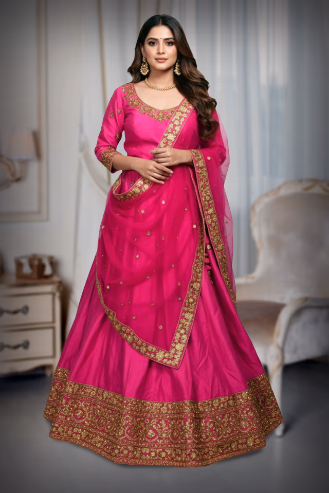Rani Pink Handworked Bridal Lehenga With Intricate Embroidered Crop Top And Threadworked Dupatta — back view, rent in Calicut