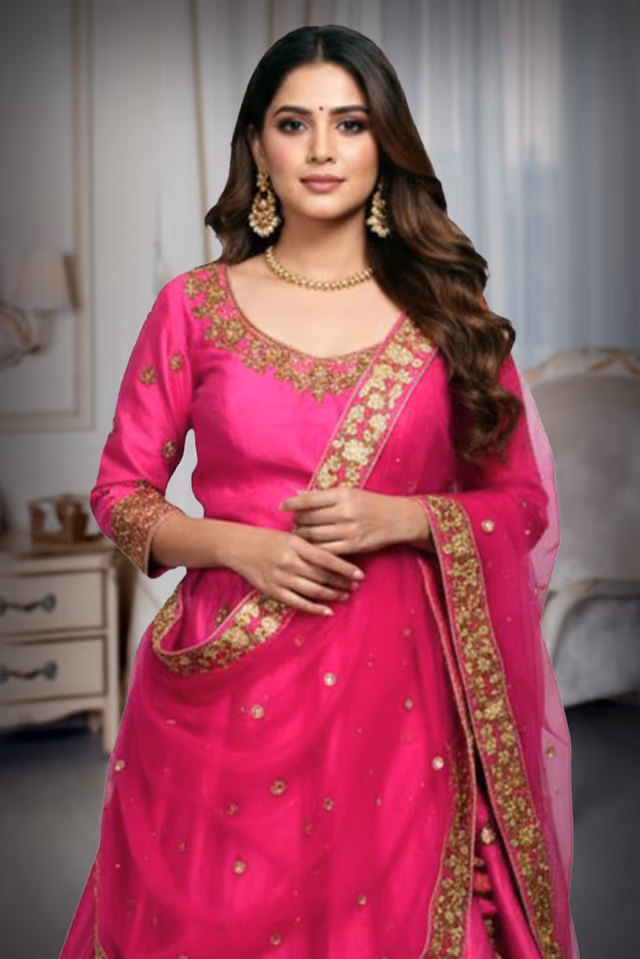 Rani Pink Handworked Bridal Lehenga With Intricate Embroidered Crop Top And Threadworked Dupatta — rent in Calicut