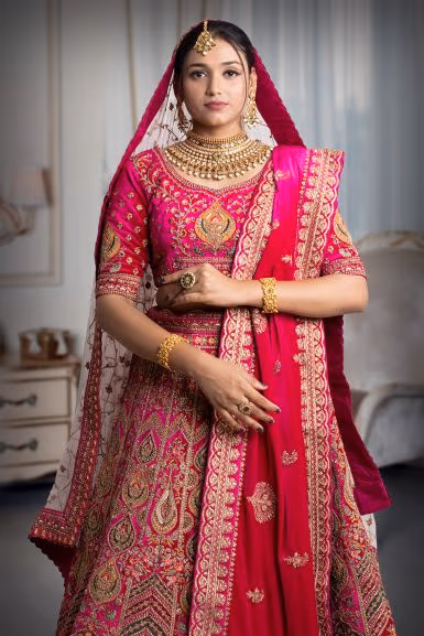 Rani pink lace & embroidery work lehenga — view 1 of 5