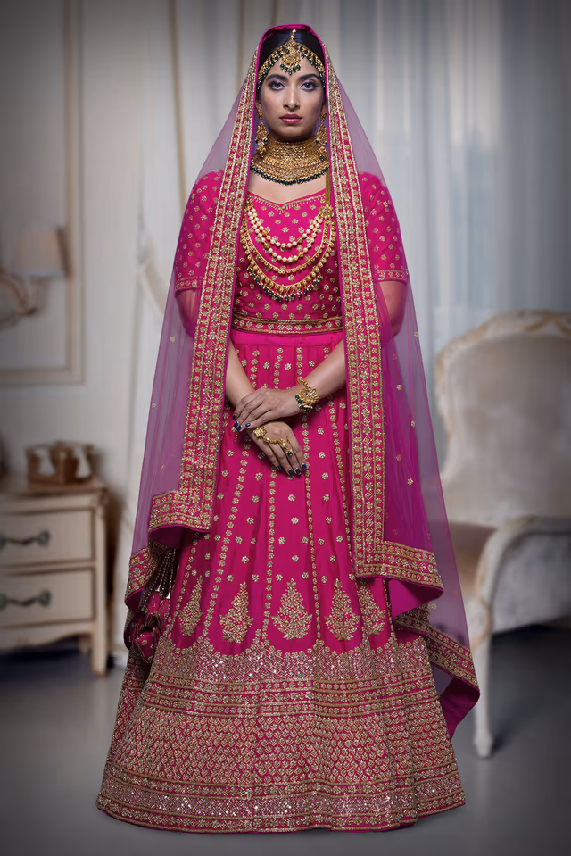 Rani pink motti silk lehenga — back view, rent in Calicut