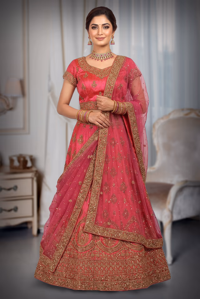 Rani Pink Lehenga With Pink Netted Duptta — back view, rent in Bangalore