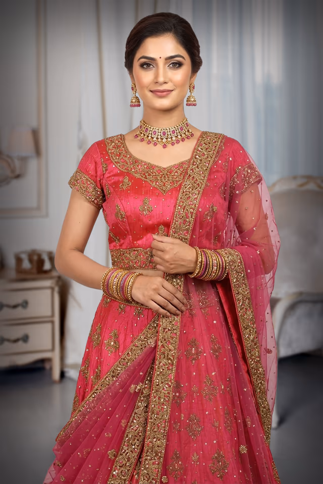 Rani Pink Lehenga With Pink Netted Duptta — rent in Bangalore