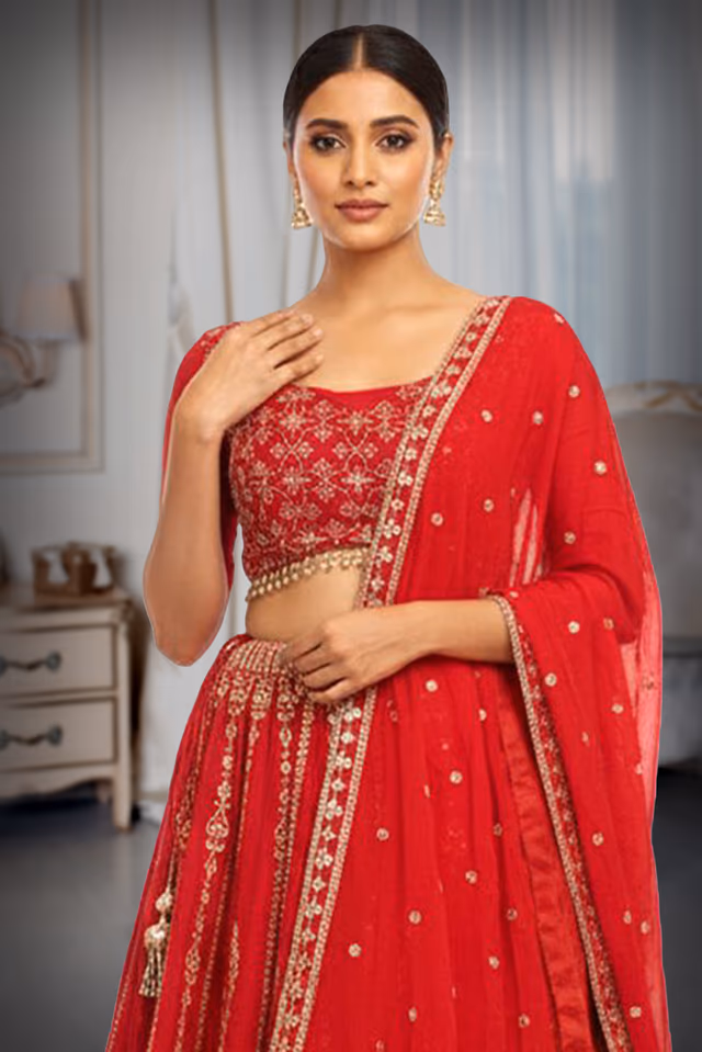 Rani Pink Lehenga With Heavy Threadwork And Sequin Work Details Along With Same Color Dupatta — rent in Calicut