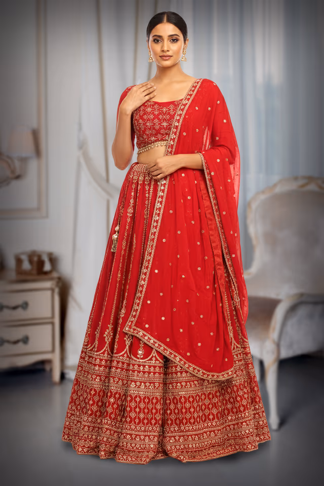 Rani Pink Lehenga With Heavy Threadwork And Sequin Work Details Along With Same Color Dupatta — back view, rent in Calicut