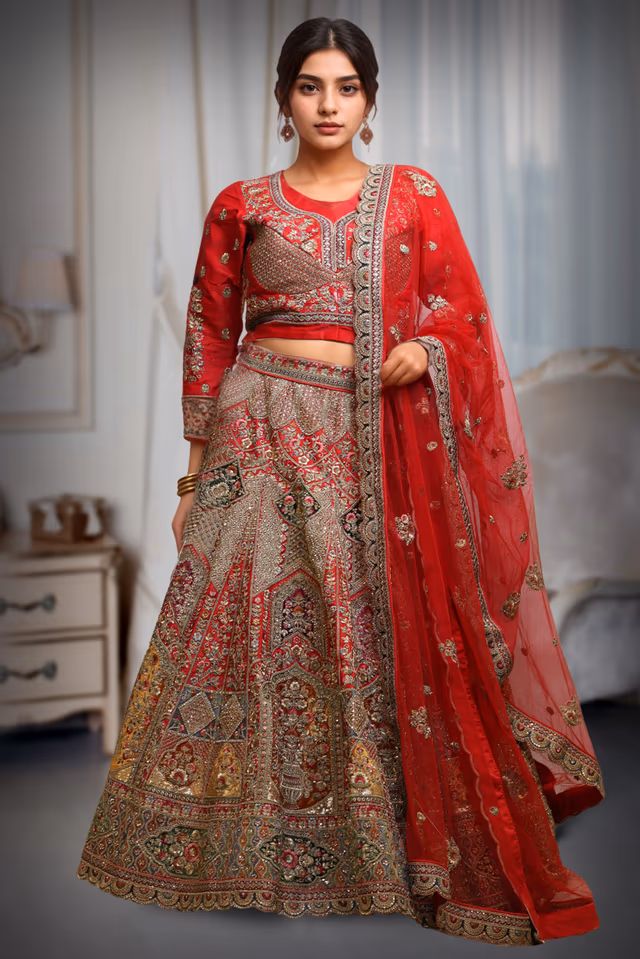 Rani Pink Velvet Lehenga With Golden Embroidered Blouse Along With Multicolor Threadworked… — back view, rent in Coimbatore