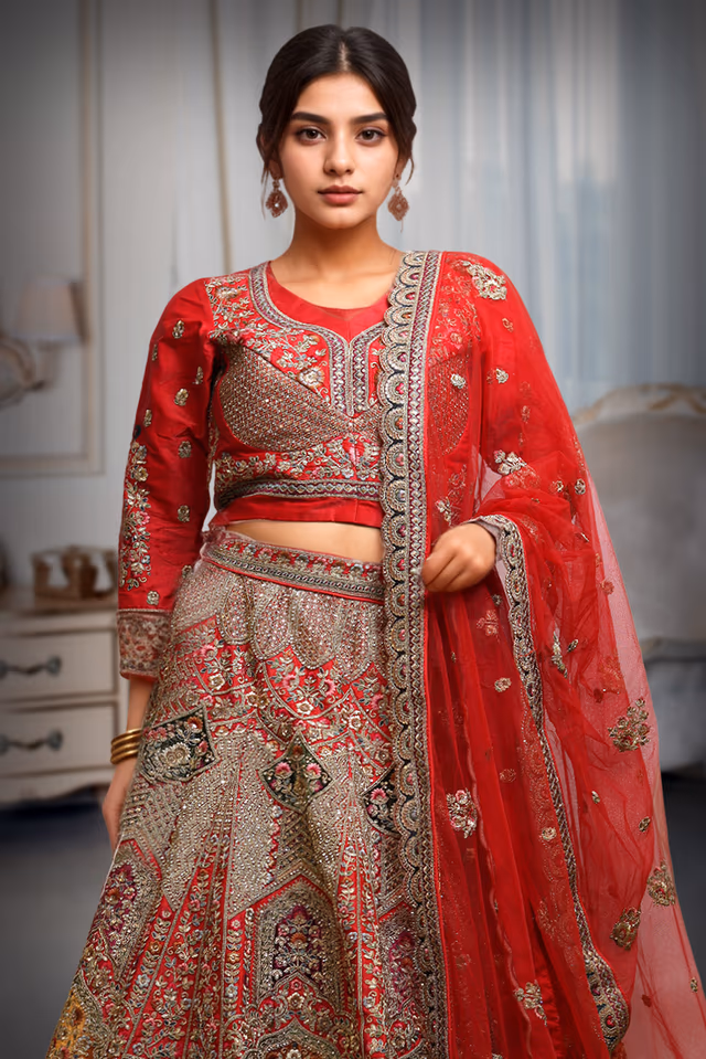 Rani Pink Velvet Lehenga With Golden Embroidered Blouse Along With Multicolor Threadworked Skirt And… — rent in Coimbatore
