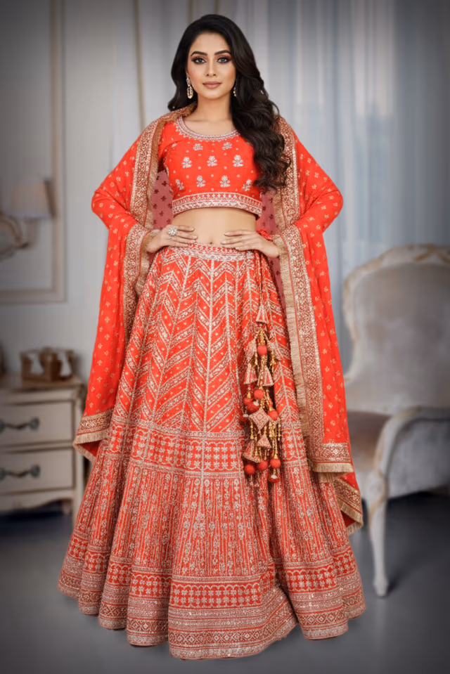 Traditional Red Bridal Lehenga — back view, rent in Bangalore