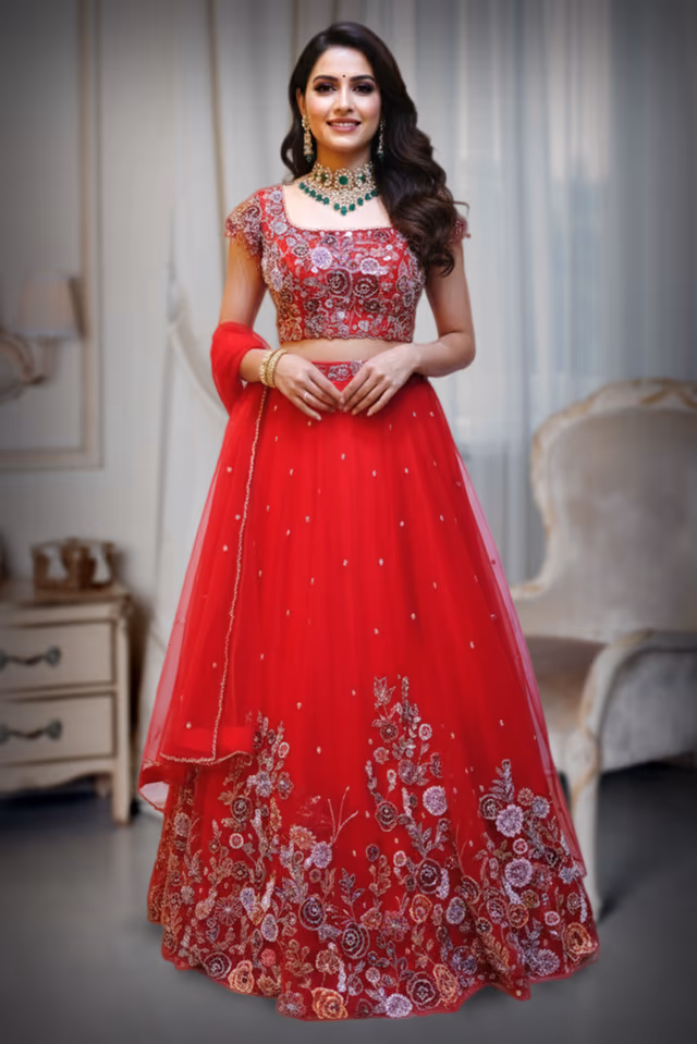 Elegant Red Bridal Lehenga with Heavy Silver Floral Embroidery — back view, rent in Kochi