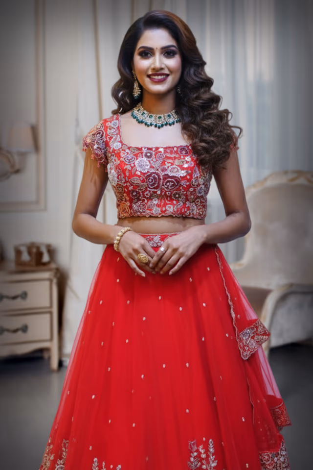 Elegant Red Bridal Lehenga with Heavy Silver Floral Embroidery — rent in Kochi