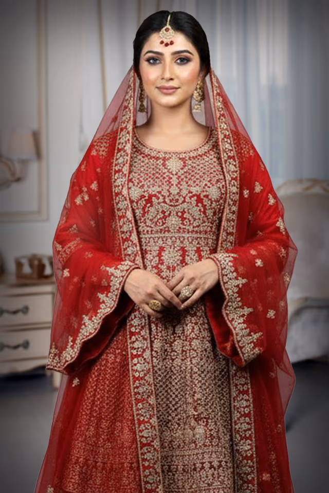 Red Heavy Embellished Bridal Peplum Lehenga With Golden Stone Details On Skirt ,Top And Dupatta — rent in Calicut