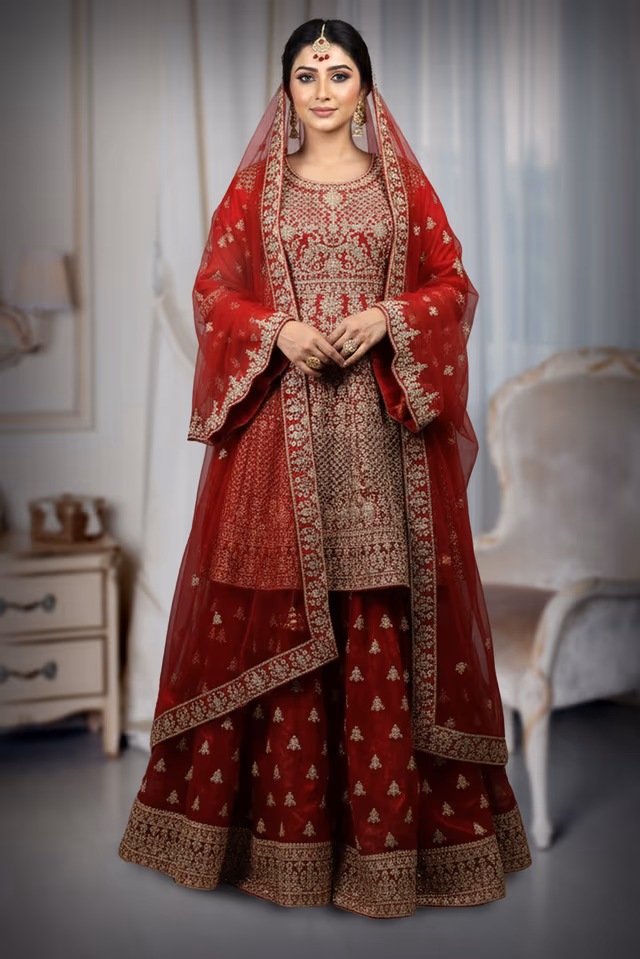 Red Heavy Embellished Bridal Peplum Lehenga With Golden Stone Details On Skirt ,Top And Dupatta — back view, rent in Calicut