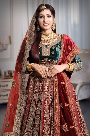 Red and green velvet heavy work lehenga — rent in Coimbatore