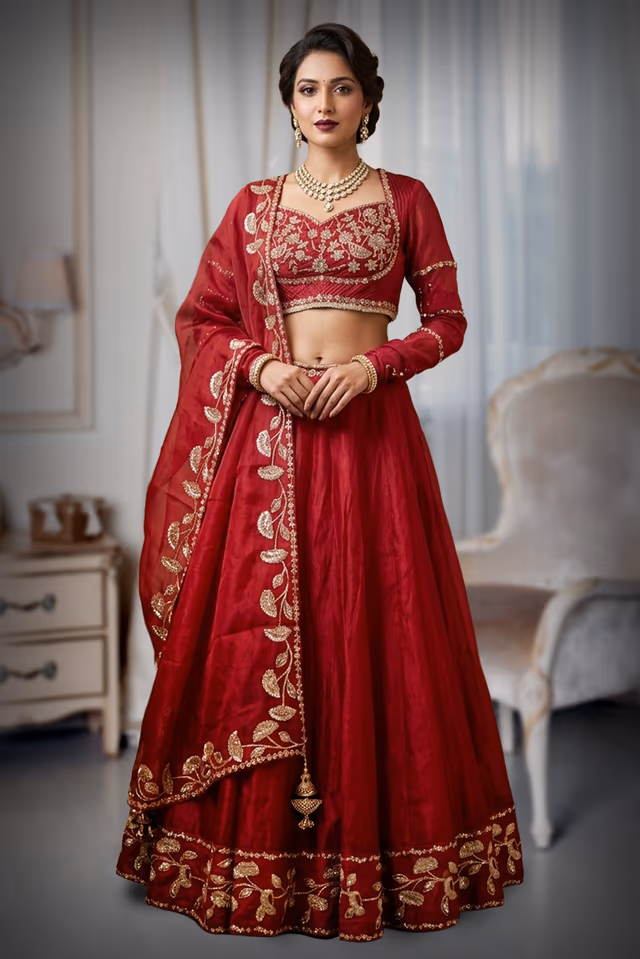 Red Organza Lehenga with Kotari Work Designer Blouse — back view, rent in Bangalore