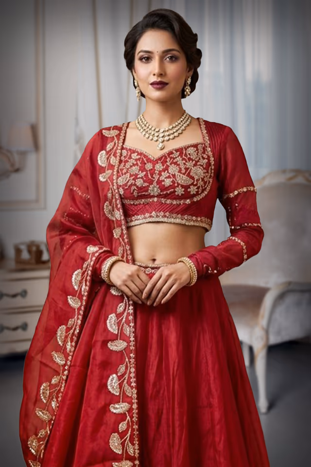 Red Organza Lehenga with Kotari Work Designer Blouse — rent in Bangalore