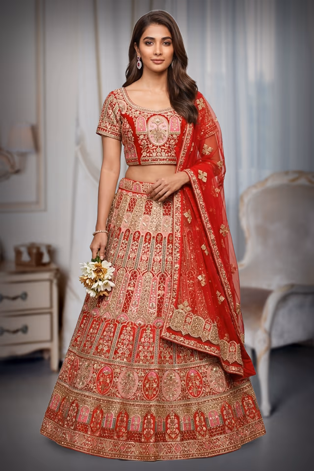 Red Heavy Worked Bridal Lehenga With Magenta Pink Border Details And Double Dupatta — back view, rent in Bangalore