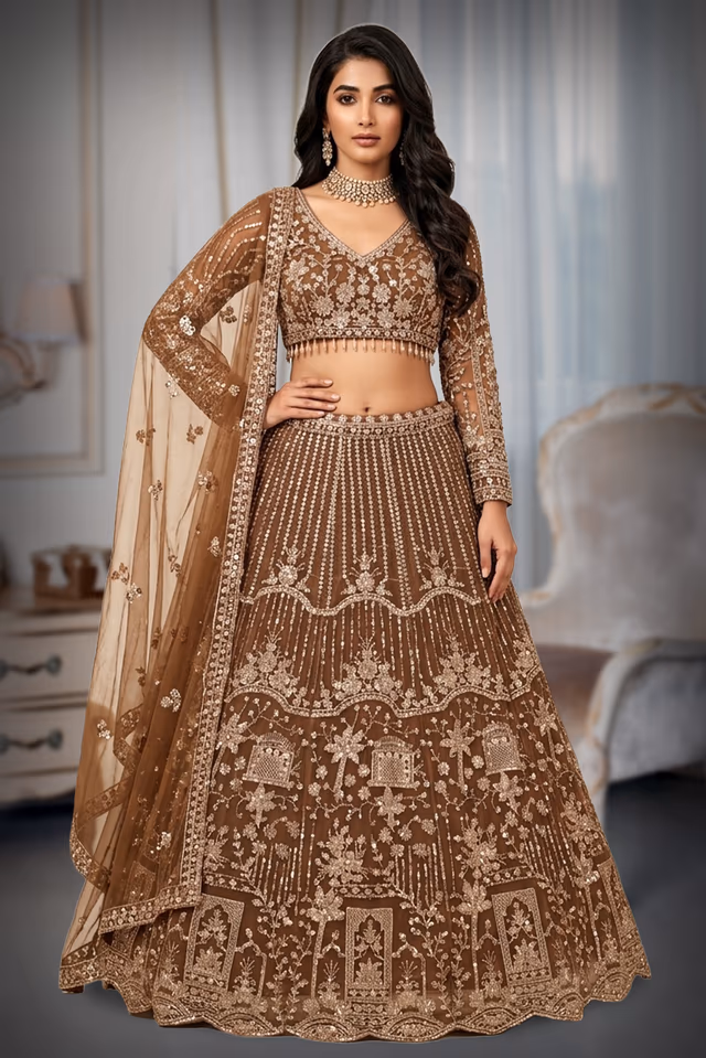 Regal Antique Gold Lehenga Set Showcasing Elaborate Zari Embroidery, Floral Motifs, And A… — back view, rent in Calicut
