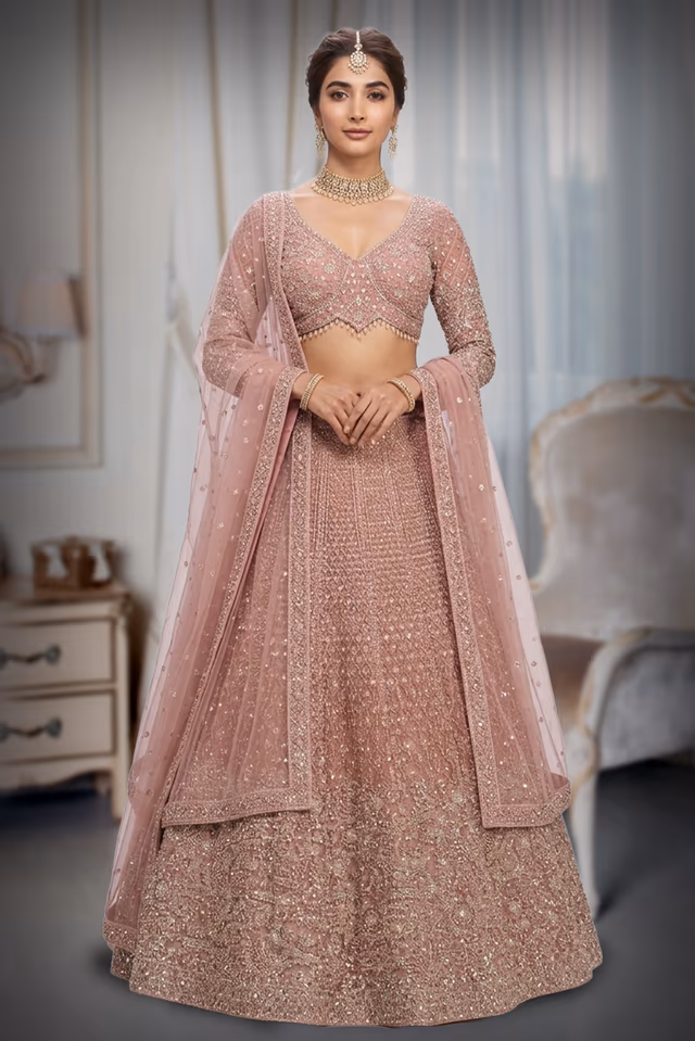Regal Blush Pink Heavily Embellished Net Lehenga Choli with Gold Zari & Sequin Detail — back view, rent in Kochi