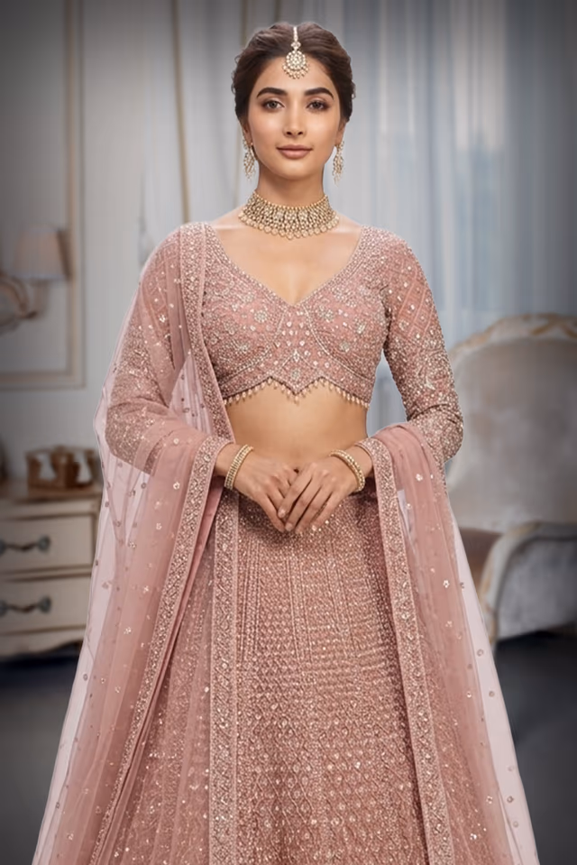 Regal Blush Pink Heavily Embellished Net Lehenga Choli with Gold Zari & Sequin Detail — rent in Kochi