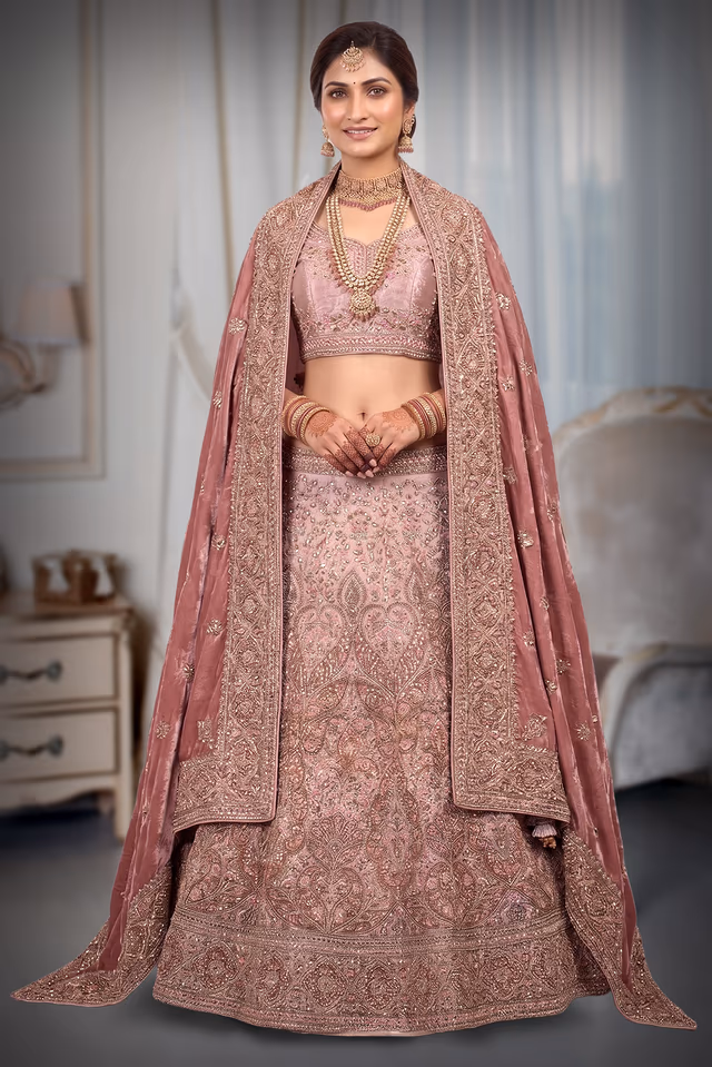 Regal bridal Lehenga In Rich Shades Of Dusty Rose And Mauve. — back view, rent in Bangalore