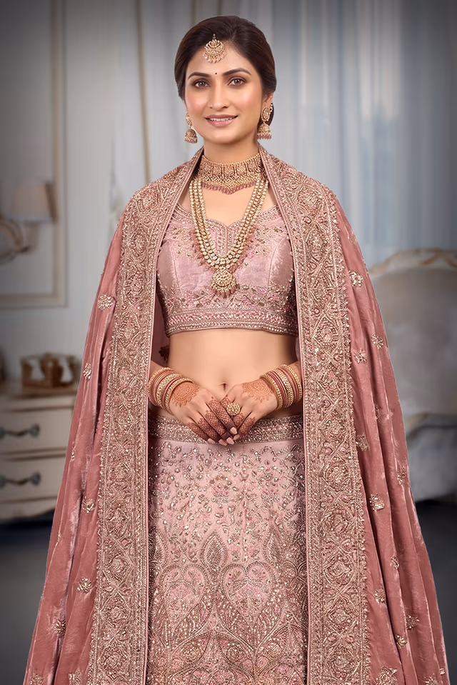 Regal bridal Lehenga In Rich Shades Of Dusty Rose And Mauve. — rent in Bangalore